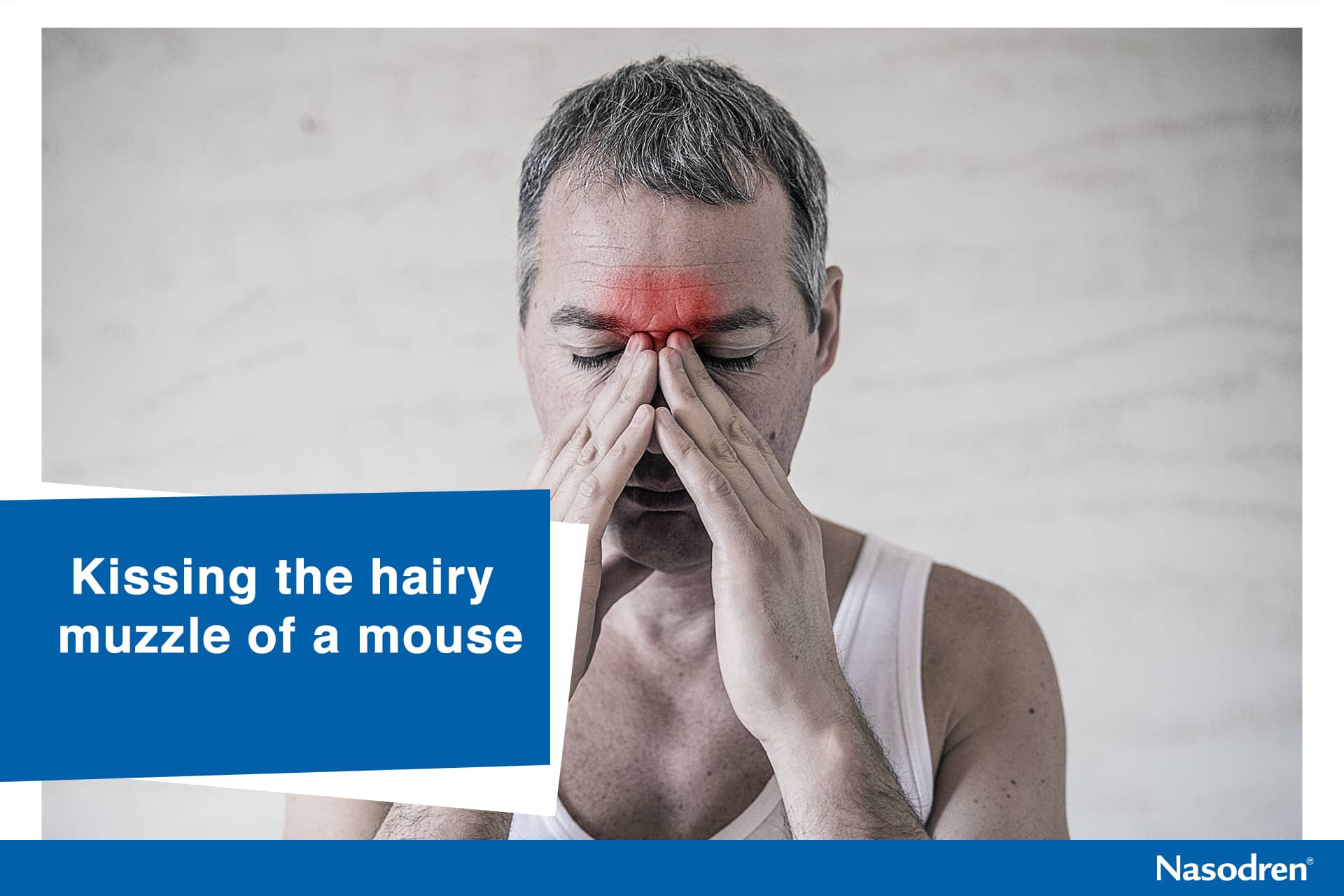 The man holds his nose and sinus area with fingers in obvious pain from a head ache in the front forehead area. sinus pain